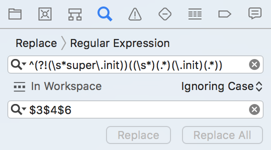 Xcode Screen Shot showing a RegEx Search with Replace.