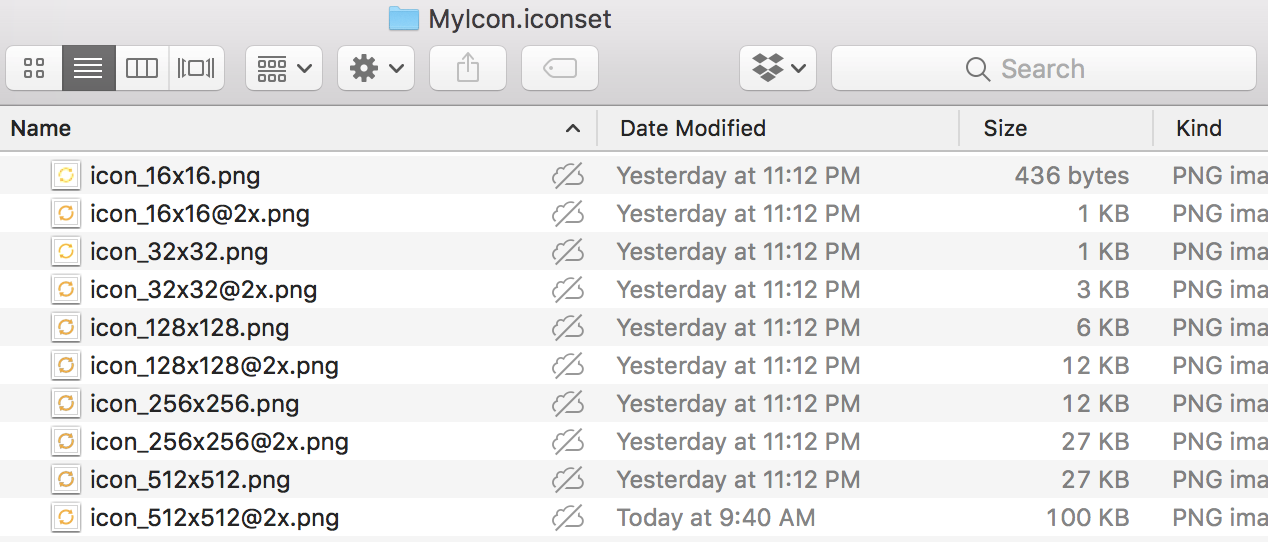 Screen Shot of MyIcon.iconset folder with 10 image files inside it.
