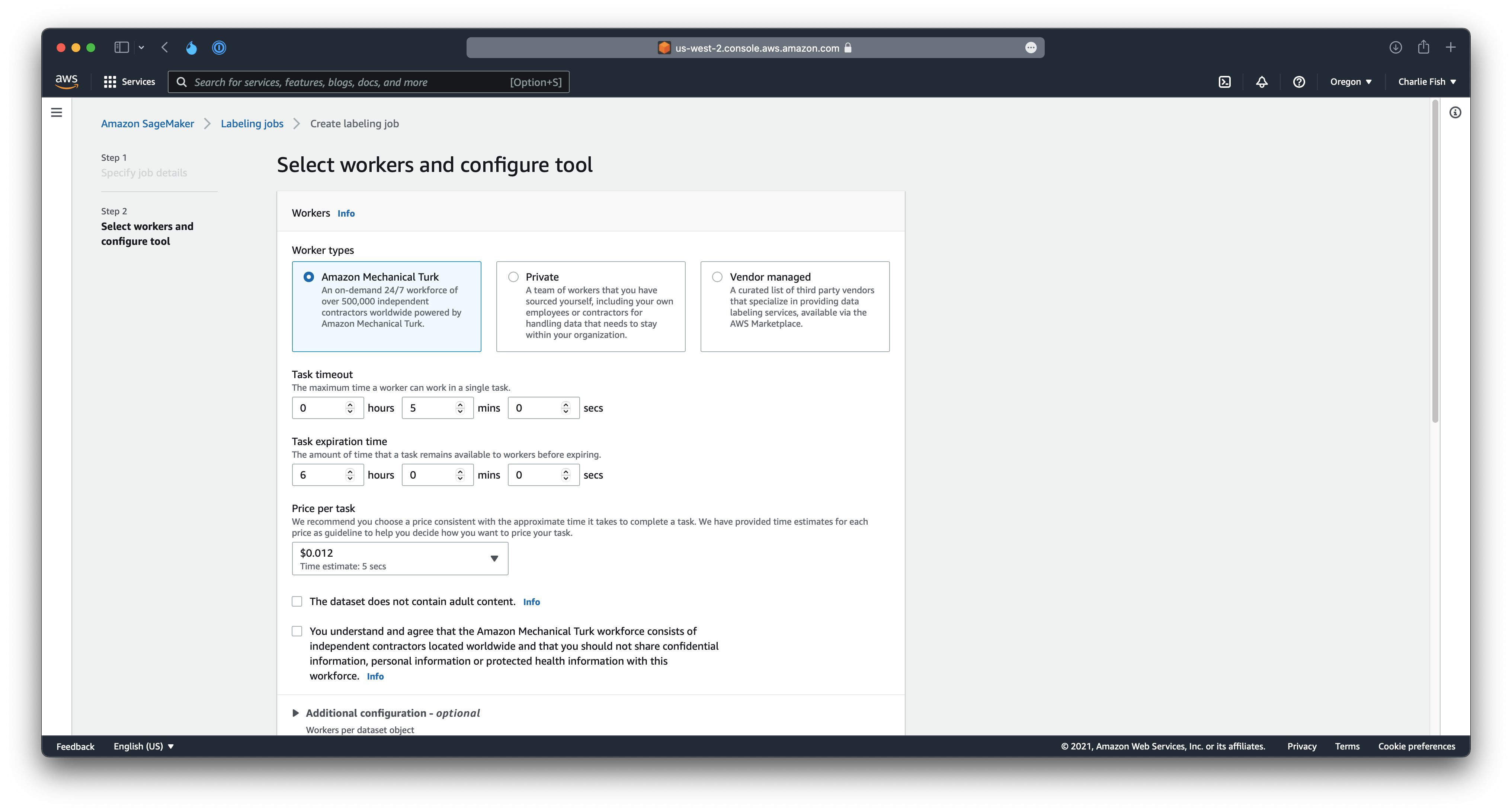 Screenshot of the interface for selecting workers and configuring details about your labeling job